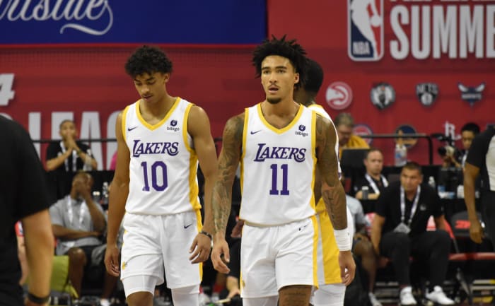 Max Christie (10) and Jalen Hood-Schifino (11) make their way back down the court after a foul was called sending Hood-Schifino to the line.